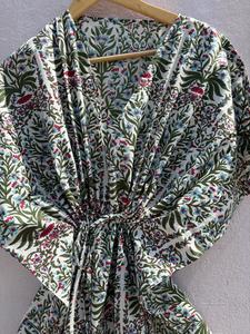 Women's Blue Floral Print 100% Cotton Maxi <b>Kaftan</b> Dress V Neck Batwing Sleeves Drawstring Eco-Friendly Handmade Breathable <b>Beach</b> - Product Image 3