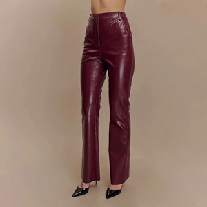 Pantalon en cuir PU bordeaux taille haute coupe droite pour homme, pantalon formel avec fermeture éclair, design anti-plis - Product Image 5