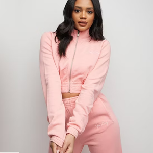 Ensemble de survêtement en polaire rose pour femmes, taille haute, manches longues, fermeture éclair, couleur unie, coupe ample, vêtements décontractés pour le printemps et l'été - Product Image 6