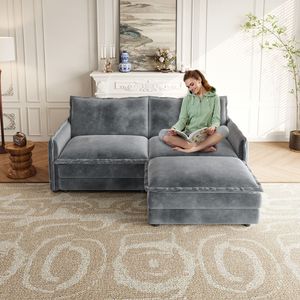 Divano a Due Posti in Tessuto Corduroy con Poggiapiedi, Divano Angolare a L con Pouf, Imbottito e Grande per Soggiorno - Product Image 2