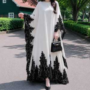 White Black Lace Polyester Loose Fit New Vision <b>Kaftan</b> Dress <b>Women</b> Adults Designer Embroidered Maxi Modest Arabic Prayer Islamic - Product Image 1