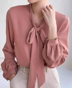 Blusa de Satén Verde con Cuello en V y Lazo, Manga Tres Cuartos, Camisa Formal para Mujer, Color Sólido, Antiarrugas, para Primavera - Product Image 4