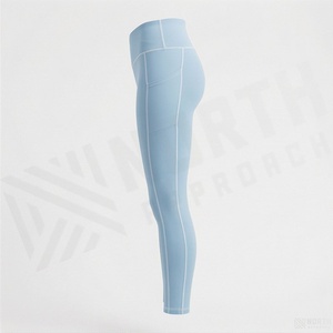Leggings Deportivos de Cintura Alta para Mujer, sin Costuras, Largos, Color Azul Claro, Elásticos, Transpirables, Tejidos, para Yoga - Product Image 3
