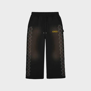 Pantalon de survêtement ample en coton molletonné épais OEM pour homme, délavé à l'acide, orné de perles et de strass en forme de diamant - Product Image 4