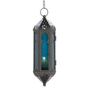Arabic Metal Lantern With Blue Patterned Panels For Home Decoration - Product Image 1