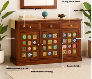 Wholesale Solid Wood Ceramic Tile <b>Sideboard</b> Vintage Indian Buffet Cabinet Hand Painted Tile Credenza | Pindel Handicraft - Product Image 4