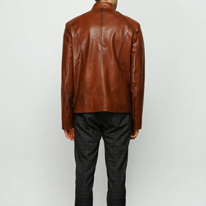 Men's <b>Brown</b> Genuine <b>Leather</b> Coated <b>Jacket</b> Stand Collar Front Zipper Closure Regular Fit Autumn Winter Casual Wear - Product Image 5
