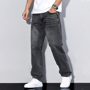 Jean en denim délavé anthracite pour homme, coupe droite, respirant, écoresponsable, détails brodés et boutons, style urbain décontracté, vente en gros - Product Image 1