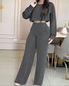 Women 2-Piece <b>Knitted</b> <b>Set</b> Gray Full Sleeve Crop Top High Waist Wide Leg Pants Casual Solid Color All Seasons Loose Fit - Product Image 2