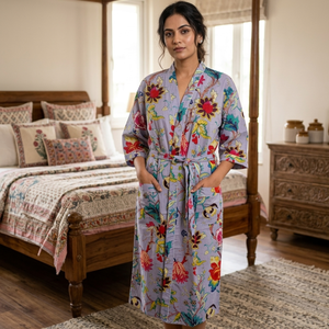 Bata Kimono de Algodón Gris con Estampado Floral, Larga, Ligera, Hecha a Mano, para Descanso, Baño y Spa de Verano - Product Image 2