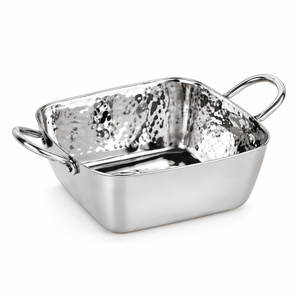 Bol de service carré en acier inoxydable avec poignée, finition martelée polie, plat à soupe rectangulaire pour cuisine et salle à manger - Product Image 1