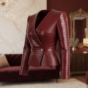 Red Crocodile Embossed Faux <b>Leather</b> <b>Blazer</b> Women's V-Neck Full Sleeve Autumn <b>Jacket</b> Regular Length Single Button - Product Image 3
