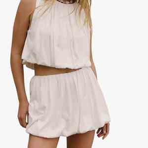 Conjunto de 2 Piezas para Mujer, Color Blanco, Top sin Mangas, Falda Plisada, Estilo Casual de Verano, Corte Holgado, Cuello Redondo, Color Sólido, Falda Burbuja de Algodón - Product Image 3