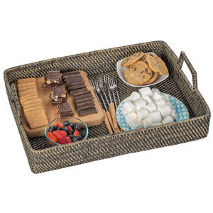 Plateau rectangulaire en rotin style bohème, panier en osier naturel tressé avec poignées trapézoïdales, organisateur - Product Image 4