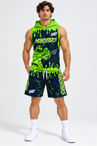 Conjunto de Camiseta y Pantalones Cortos de Baloncesto con Capucha, Color Verde Neón, Diseño de Monstruos, Gráfico Sublimado, Uniforme de Equipo Personalizado - Product Image 5