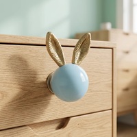 Poignée de tiroir en résine avec oreilles de lapin mignonnes, boule bleue et oreilles dorées, poignée de meuble pour enfants, style nordique, tirette décorative pour armoire