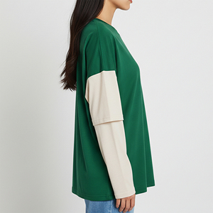 High Quality Women's Green Beige <b>Raglan</b> Sleeve Loose Fit Cotton T-Shirt Crew Neck Solid Color Casual Knitted Long Sleeve <b>Top</b> - Product Image 3