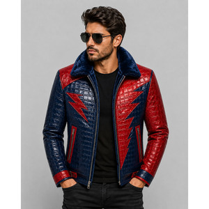 Veste en cuir gaufré crocodile rouge et bleu pour homme avec col en fourrure, style motard, coupe-vent, manteau d'hiver, coupe ajustée, fermeture éclair - Product Image 1