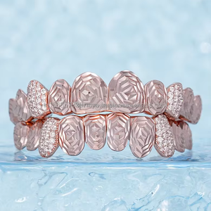 Fancy Designer Style Hip Hop Diamond Grillz Diamond and Engraving Style Combination Full Top Bottom Grillz <b>Silver</b> Teeth Jewelry - Product Image 1