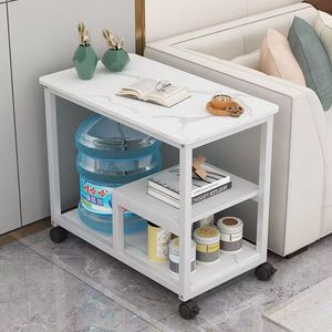 Petite table basse moderne en faux marbre blanc avec rangement asymétrique et roulettes - Product Image 1