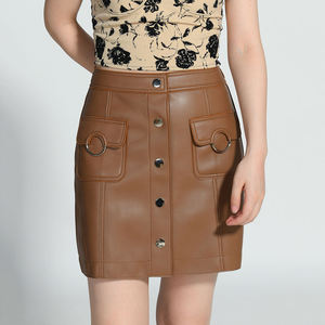 Vestido Mini de Otoño PIHA SPORTS en Cuero PU Marrón, Cintura Alta, Botones Frontales, con Bolsillos con Anillo, Estilo Moto para Mujer - Product Image 1