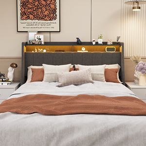 Queen Size Bed <b>Frame</b> with LED & 4 Underbed Storage Drawers Dark <b>Grey</b> Wings Headboard Design Up-Holstered Beds - Product Image 5