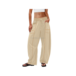 กางเกงวอร์มทรงบาร์เรลสำหรับผู้หญิง กางเกงขาบานทรงปาลาซโซ่ กางเกงลำลองรัดเชือกเอว มีกระเป๋า กางเกงลำลองใส่สบายสำหรับฤดูร้อน - Product Image 1