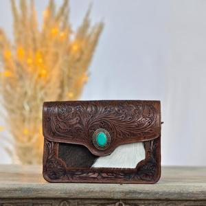 Handmade Genuine Leather Clutch <b>Bag</b> With Turquoise Stone Floral Embossing Bohemian Style For Women - Product Image 1