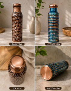 Botella de Agua de Cobre Puro Martillado a Mano con Acabado Texturizado en Cobre Antiguo y Azul, Tapa de Cobre Hermética - Product Image 6