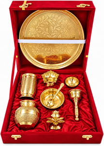 Ensemble de thali de prière en métal haut de gamme avec assiette en laiton gravée de motifs floraux, kalash, bols Diya, cuillère et accessoires de culte indiens traditionnels - Product Image 6