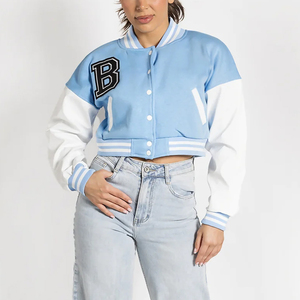Custom Logo Autumn <b>Winter</b> 2026 Women's Letterman Crop Bomber Jacket With Button Lettermen Jackets Wholesale with OEM Services - Product Image 1