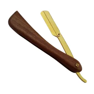 Maquinilla de afeitar dorada con borde recto para peluquero, navaja de afeitar plegable con mango de madera sin cuchillas