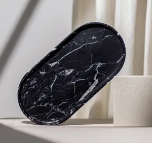 Bandeja Ovalada de Mármol Negro Jet, Bandeja Decorativa de Piedra Natural, Decoración de Lujo para el Hogar - Product Image 1