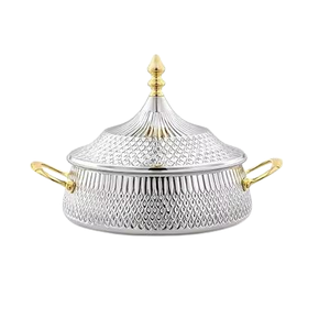 Luxury Silver with Gold Steel Casseroles With Gold Handle <b>Lid</b> Metal Food Warmer & Server for Kitchens Metal Hotpot for Serving - Product Image 1