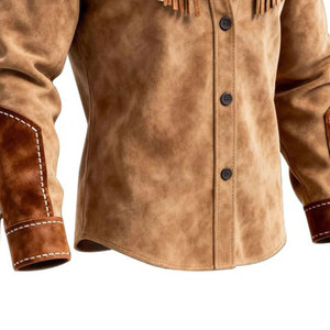 <b>Men's</b> <b>Suede</b> Leather Shirt <b>Jacket</b> With Fringe Western Style Casual Outwear Turn-down Collar Regular Sleeve Solid Color - Product Image 2