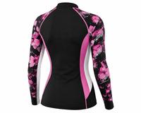 Haut de bain anti-UV à manches longues pour femme, imprimé floral noir et rose, en spandex et polyester respirant, écologique et à séchage rapide