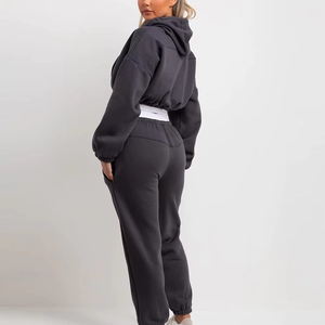 Ensemble de survêtement 2 pièces pour femme, coupe ajustée, 100% coton, avec pantalon de jogging et sweat à capuche court, logo personnalisé, hiver - Product Image 2