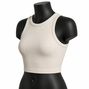 Top corto acanalado beige personalizado para mujer, sin mangas, para yoga, gimnasio, fitness, ropa deportiva, OEM, venta al por mayor, precio económico, transpirable. - Product Image 2