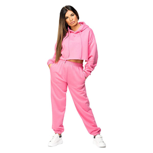 Custom Cotton Fleece Ladies 2 Piece Hoodie Set <b>Women's</b> Distressed Acid Washed <b>Zip</b> <b>up</b> Crop <b>Top</b> and Jogger - Product Image 1