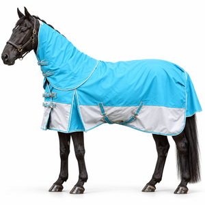 Manta Impermeable y Transpirable para Caballo con Cuello Desmontable 1200D |   Manta Impermeable para Caballo, Color Azul Cielo y Blanco, Ripstop - Product Image 1