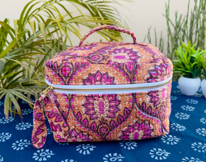 Personalized Vintage Water Resistant Large Capacity Cotton Quilted Hand Block Print Yellow Zipper Eco-Friendly <b>Makeup</b> Bag Dopp - Product Image 4