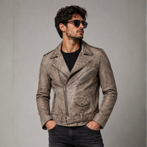Chaqueta de Cuero Vintage para Hombre, Estilo Motero, Cuello Camisero, Cierre de Cremallera, Corte Ajustado, para Otoño - Product Image 1