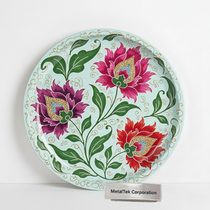 Premium Enamel Metal Decorative <b>Large</b> <b>Serving</b> <b>Tray</b> Floral Print Round Shape Handcrafted Glossy Metal Platter for Home & Weddings - Product Image 1