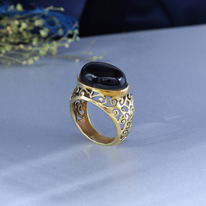 <b>Gold</b> Plated Brass Filigree <b>Ring</b> with Oval Black Onyx Gemstone - Product Image 3