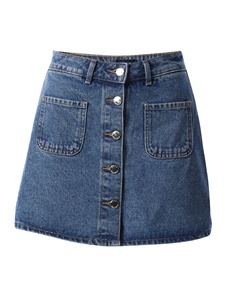 Mini-jupe trapèze en jean pour femme avec boutons sur le devant et poches, style décontracté délavé - Product Image 1