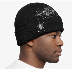 Bonnet en tricot jacquard personnalisé avec motif toile d'araignée brodé de strass et cristaux scintillants, bonnet à revers motif toile d'araignée - Product Image 3