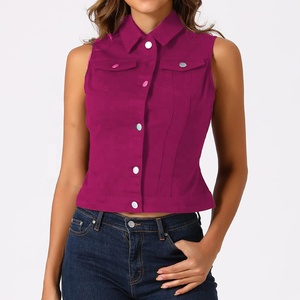 Moda algodón alto cálido acolchado sin mangas prendas de vestir exteriores de las mujeres chaleco vaquero pesado empacable para el trabajo Denim Color Casual - Product Image 4