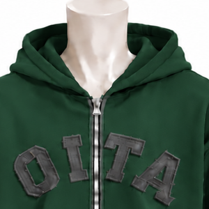 Sweat-shirt à capuche zippé pour homme vert foncé, en molleton épais avec appliqué lettre en chenille, coupe décontractée, style streetwear décontracté avec poches - Product Image 3