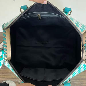Premium Large <b>Hand</b> <b>Tooled</b> Leather Speedy Bag with Turquoise & White Checkered Pattern Crossbody Travel Duffel Bag for Women's - Product Image 6