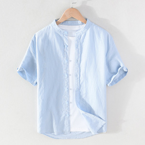 Mandarin <b>Collar</b> Cotton Casual <b>Men</b> <b>Shirt</b> Short Sleeve Button Down Regular Fit <b>Shirts</b> Clothes <b>Shirts</b> <b>Men</b> - Product Image 3